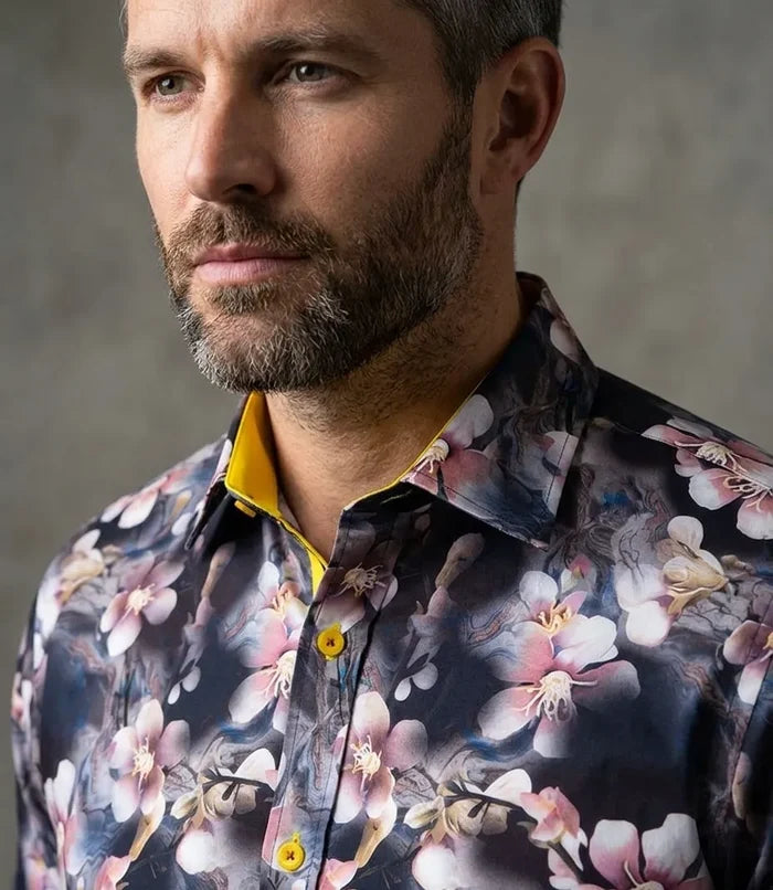 Lily Print Pure Cotton Men's Shirt with Matching Handkerchief