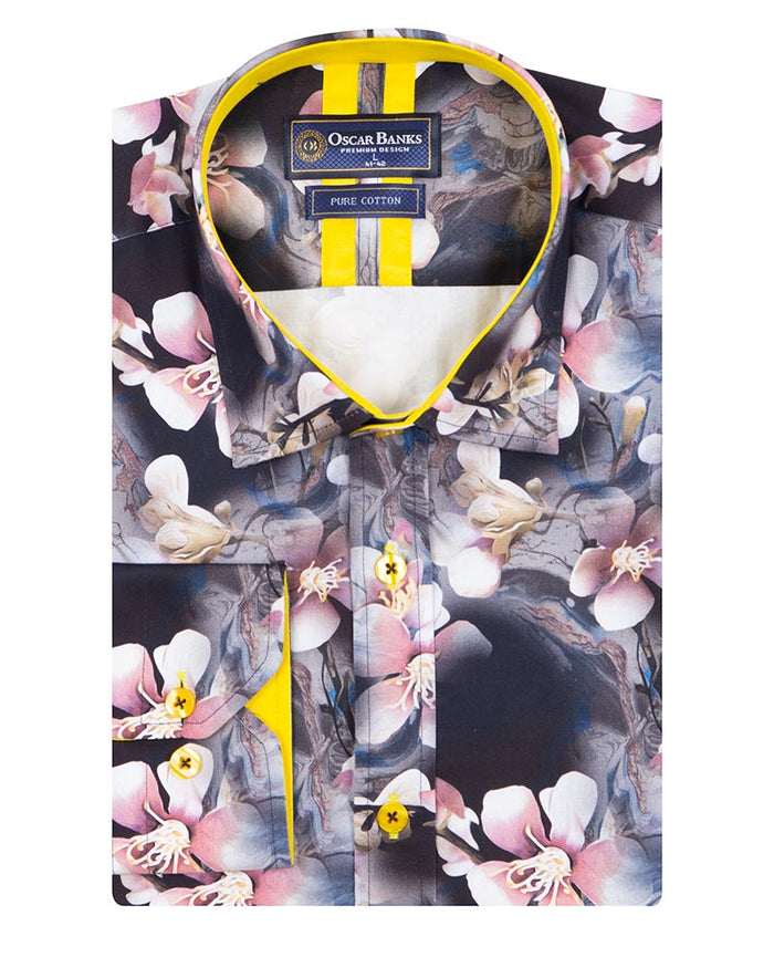 Lily Print Pure Cotton Men's Shirt with Matching Handkerchief-Makrom