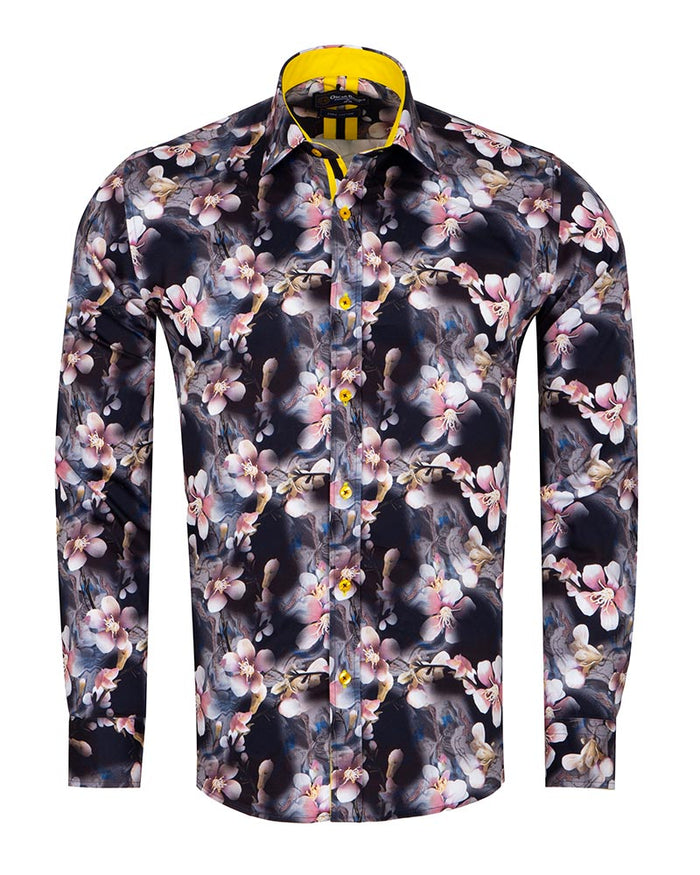 Lily Print Pure Cotton Men's Shirt with Matching Handkerchief-Makrom