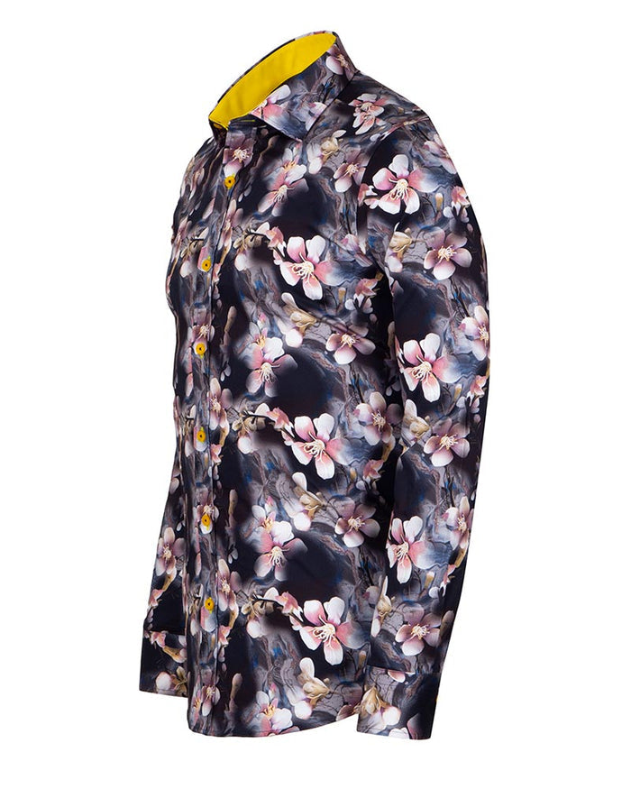 Lily Print Pure Cotton Men's Shirt with Matching Handkerchief-Makrom