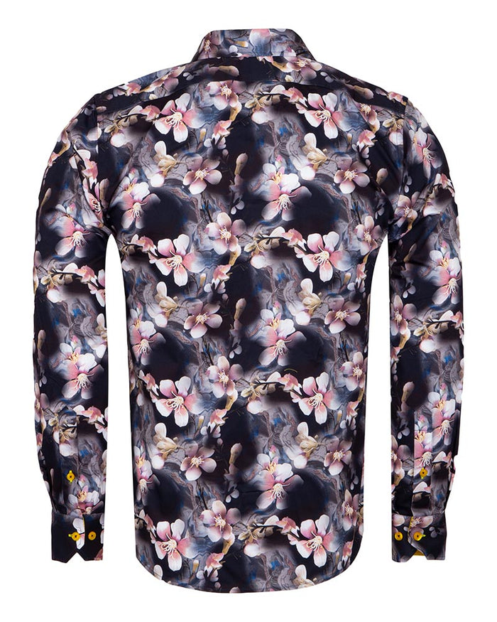 Lily Print Pure Cotton Men's Shirt with Matching Handkerchief-Makrom