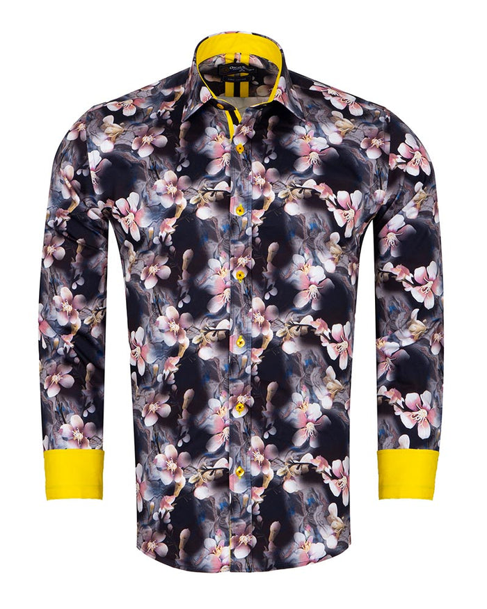 Lily Print Pure Cotton Men's Shirt with Matching Handkerchief-Makrom