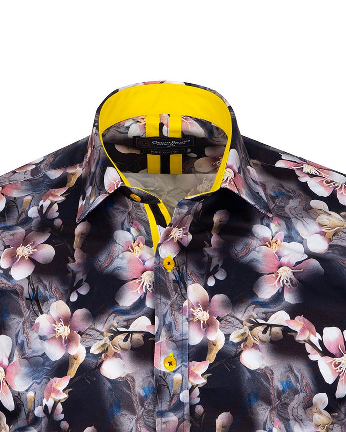 Lily Print Pure Cotton Men's Shirt with Matching Handkerchief-Makrom