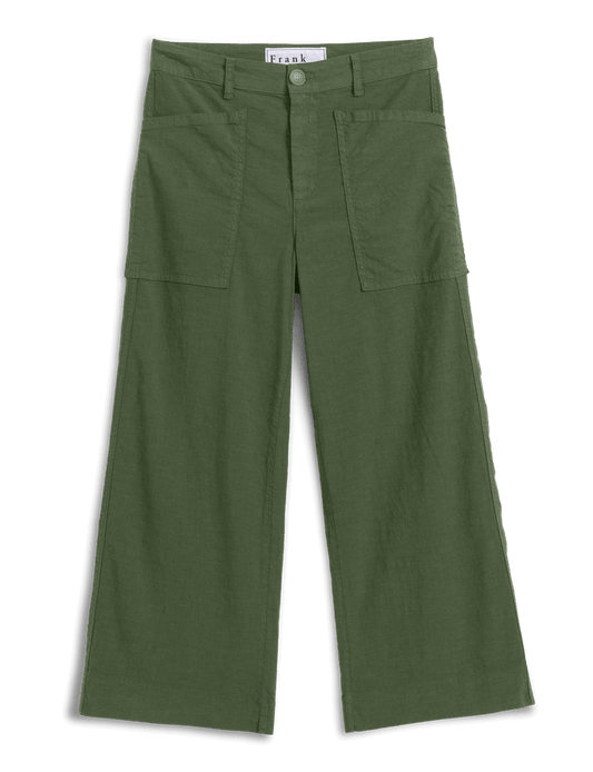 Olive green wide-leg cargo pants with a button closure and belt loops, displayed flat against a solid black background.