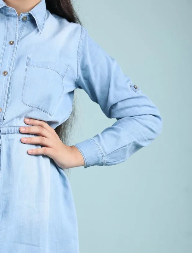 girls denim Full  shirt dress-Tweeny Mini