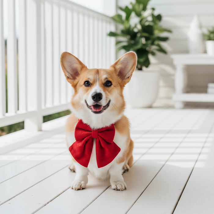 Luxe Bow Tie Dog Collar in Ruby red showing structured cotton-linen bow on white background
