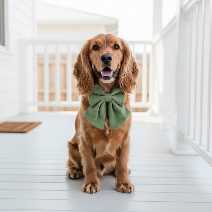 Luxe Bow Tie Dog Collar in Sage green showing structured bow and adjustable collar detail
