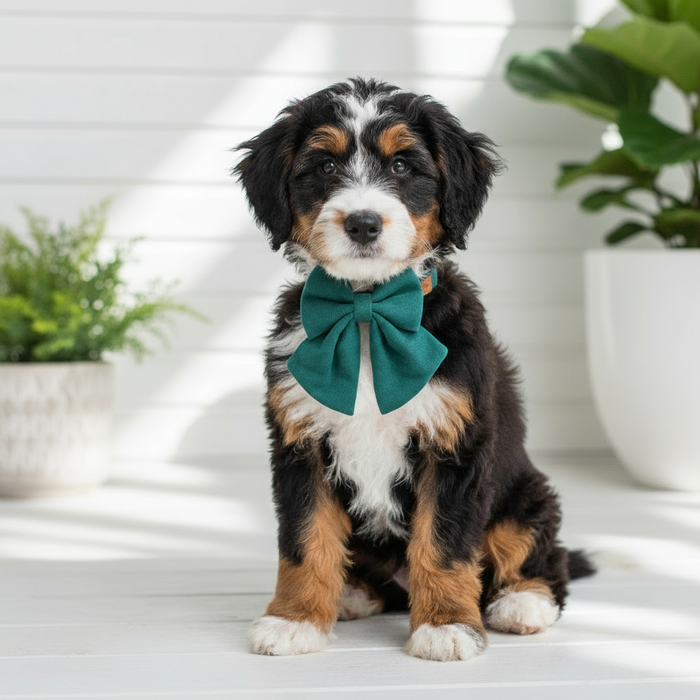 Luxe Bow Tie Dog Collar in Emerald green on white product display background