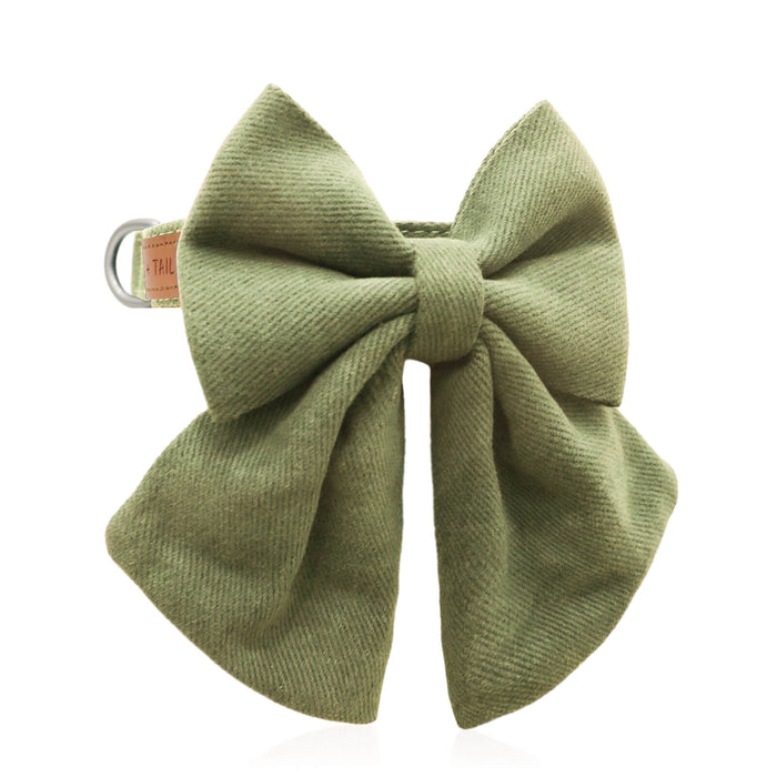 Dog wearing Sage Luxe Bow Tie Collar showing front bow and collar fit from front angle
