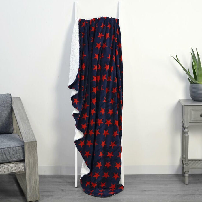 Luxury Double Layer Stars Sherpa Lined Fleece Blanket Sofa Bed Throw Navy & Red / 130 x 160cm
