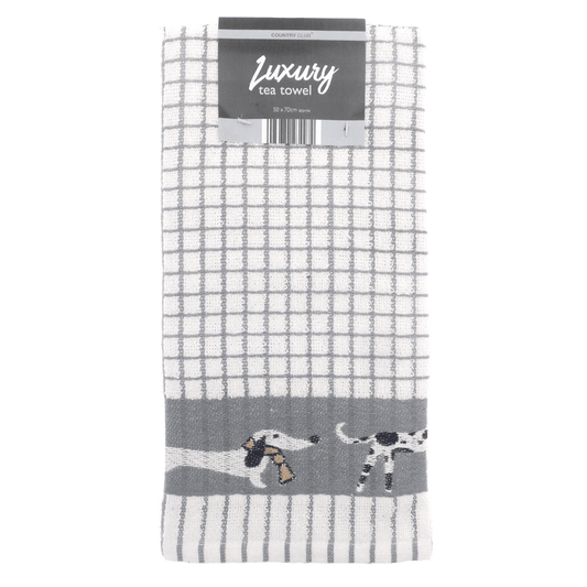 luxury tea towel with grey check design and border featuring cute dog breeds