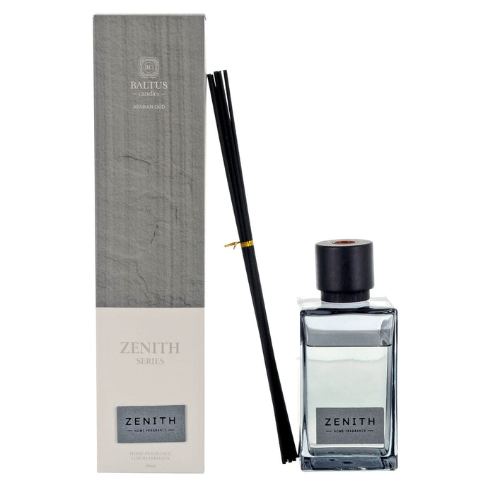 Baltus Zenith Arabian Oud scented diffuser set with dark grey wooden top diffuser black reeds and packaging on a white background