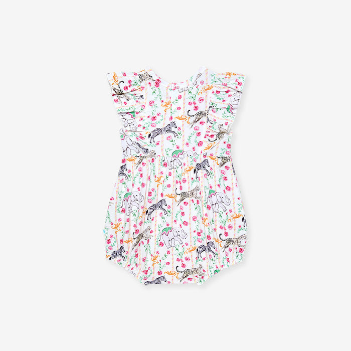 Baby romper with animal and floral pattern on a white background