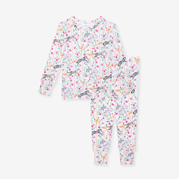 Children's onesie with animal print on a white background