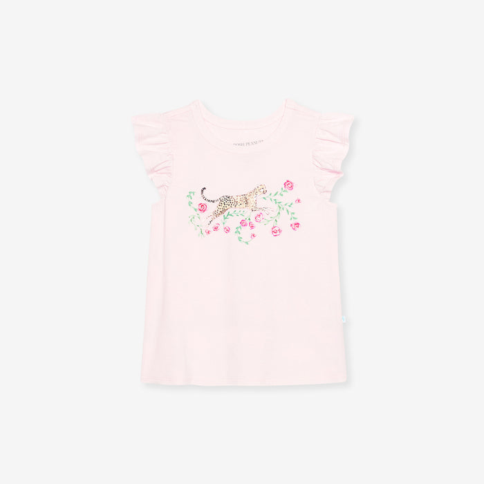 Pink t-shirt with a leopard and floral design on a white background