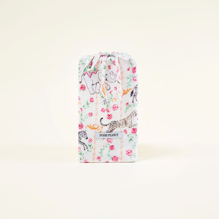 Floral and animal patterned baby blanket with 'Posh Peanut' branding on a light background