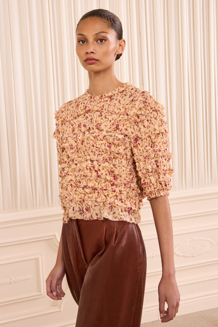 Mabel Short Sleeve Silk Top - Blush Mille Fleur