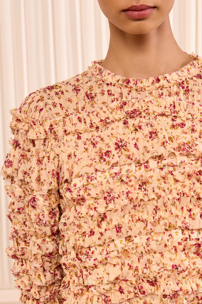 Mabel Short Sleeve Silk Top - Blush Mille Fleur