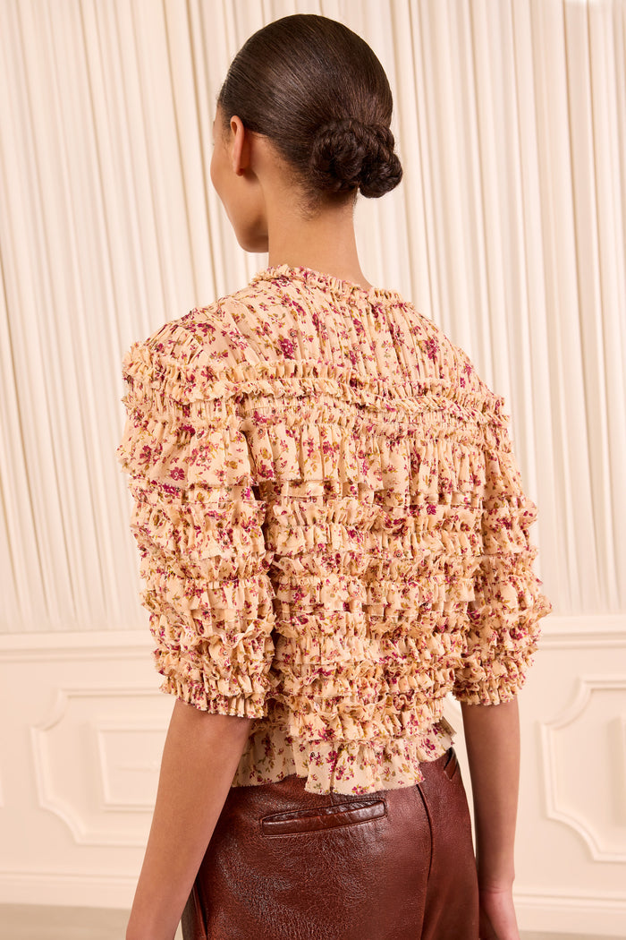 Mabel Short Sleeve Silk Top - Blush Mille Fleur