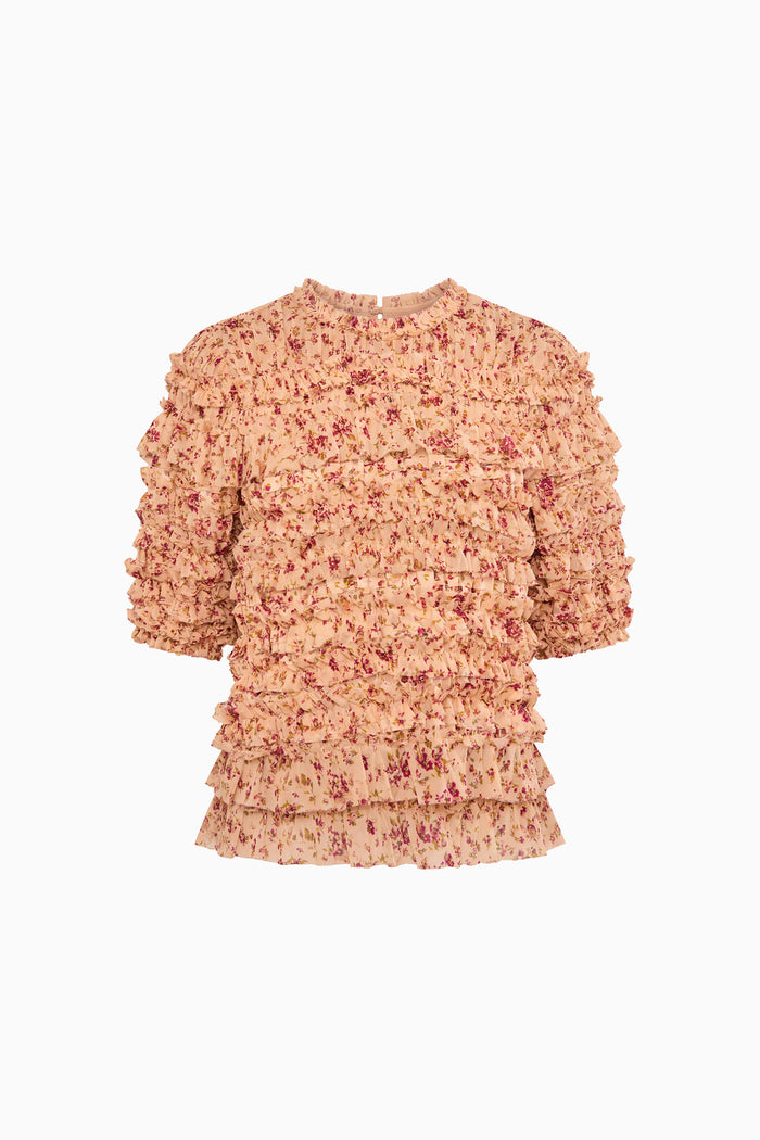 Mabel Short Sleeve Silk Top - Blush Mille Fleur