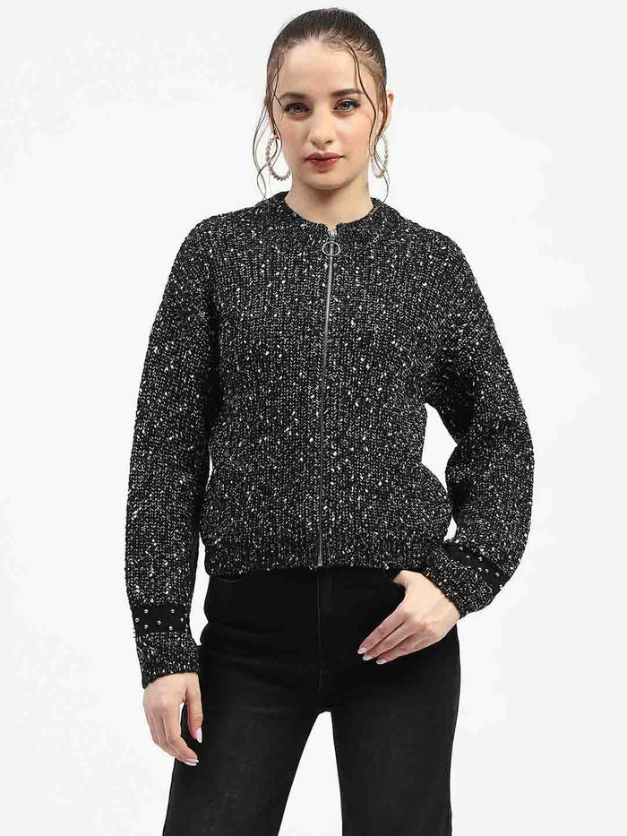 Madame Black Speckled Pullover Sweater with Half-Zip