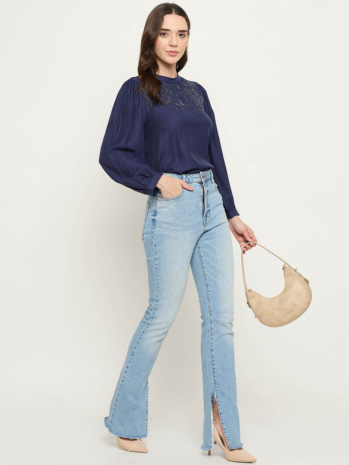 Madame Blue Rayon Blend Puff Sleeve Top