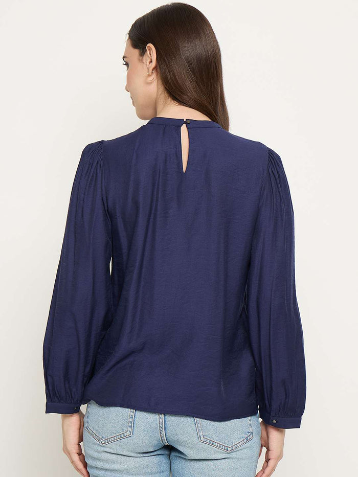 Madame Blue Rayon Blend Puff Sleeve Top
