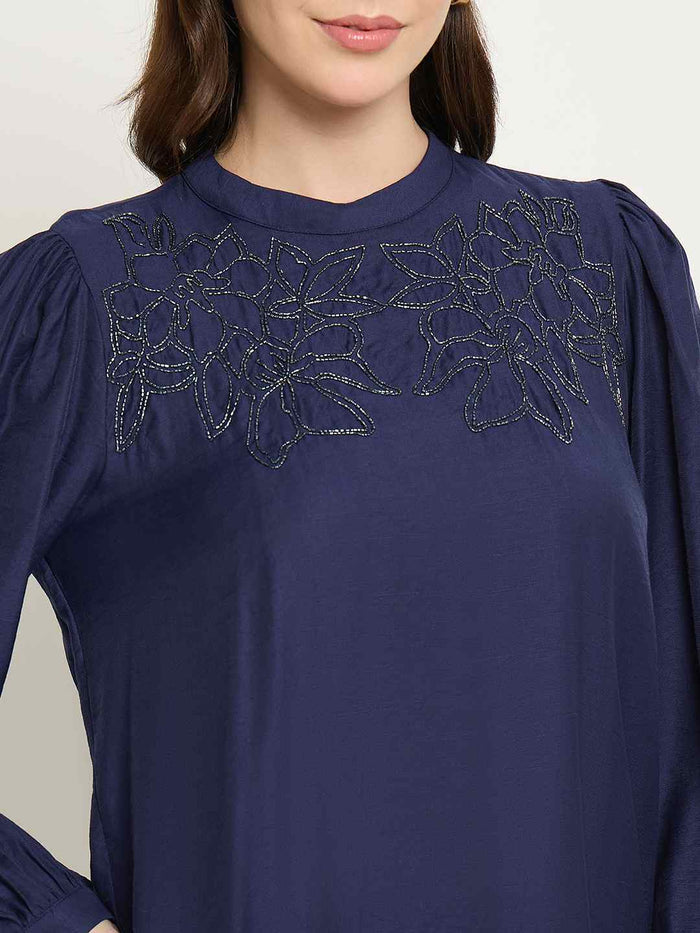Madame Blue Rayon Blend Puff Sleeve Top