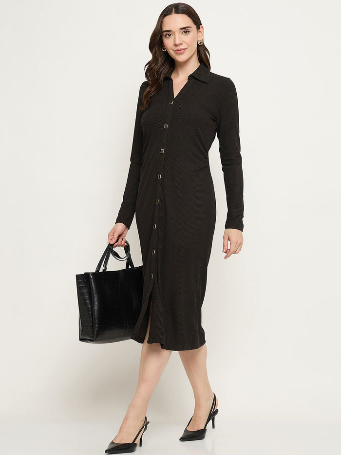 Madame Button Down Black Bodycon Midi Dress