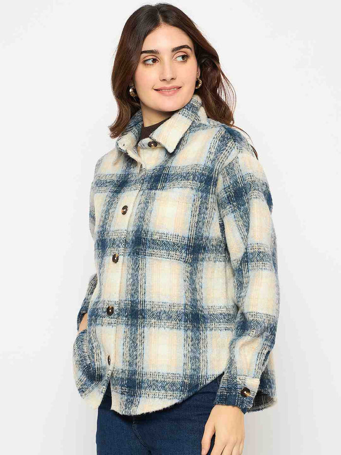 Madame Chequered Rounded Hem Collared Blue Shacket