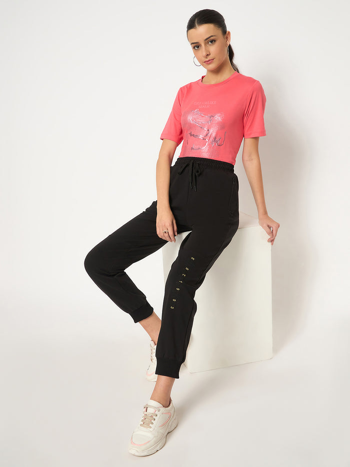 Madame Knit Reverse Panels Solid Black Jogger Style Track Bottoms