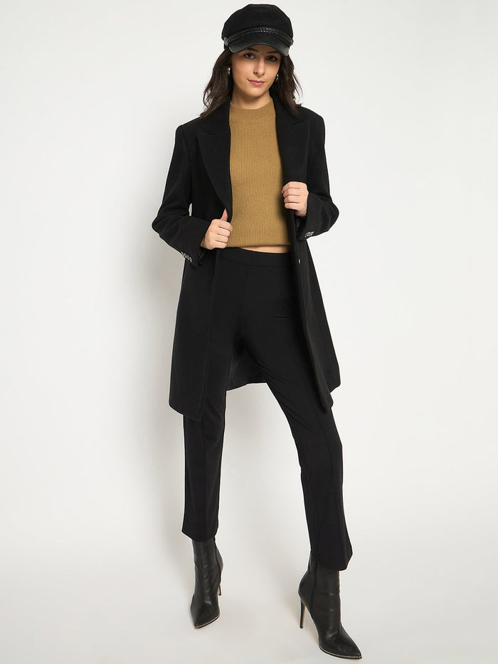 Madame Mélange Lapel Notched Front Pocketed Black Long Coat