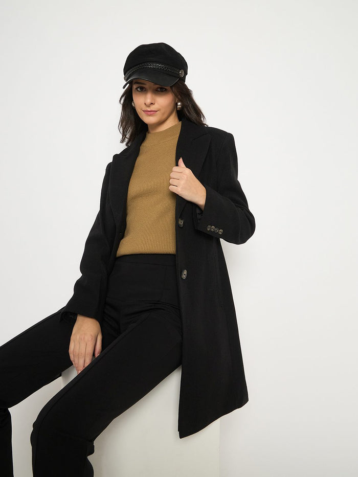Madame Mélange Lapel Notched Front Pocketed Black Long Coat