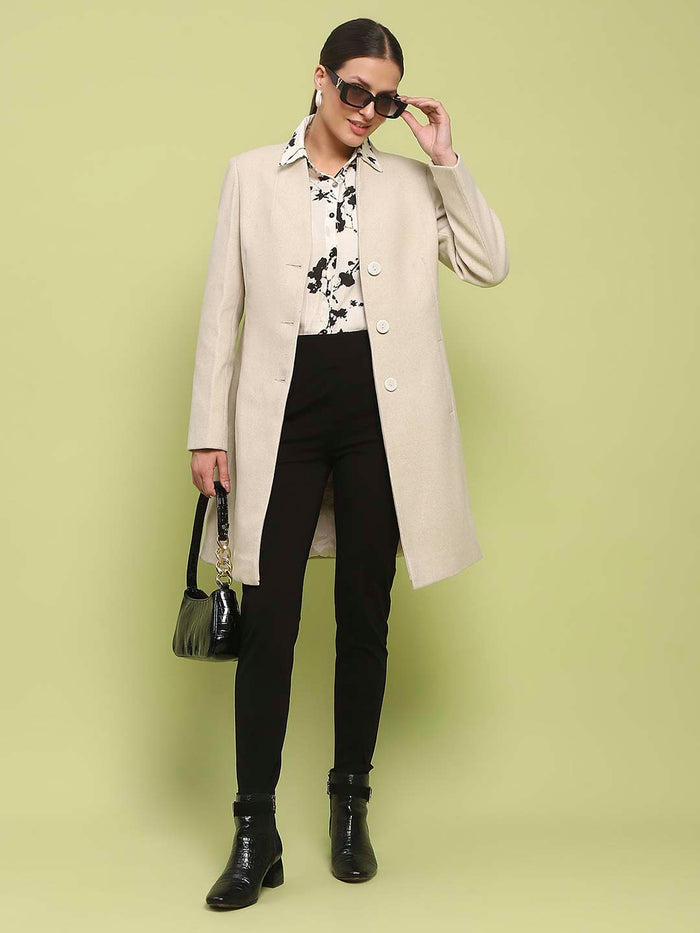 Madame Melange Side Inseam Pocketed Off White Long Coat