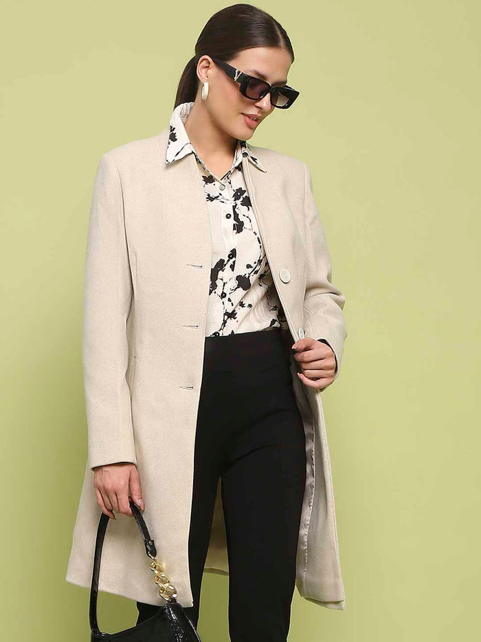 Madame Melange Side Inseam Pocketed Off White Long Coat