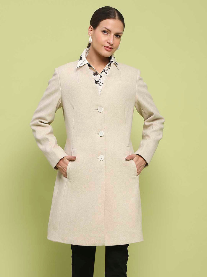 Madame Melange Side Inseam Pocketed Off White Long Coat