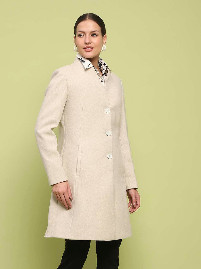 Madame Melange Side Inseam Pocketed Off White Long Coat