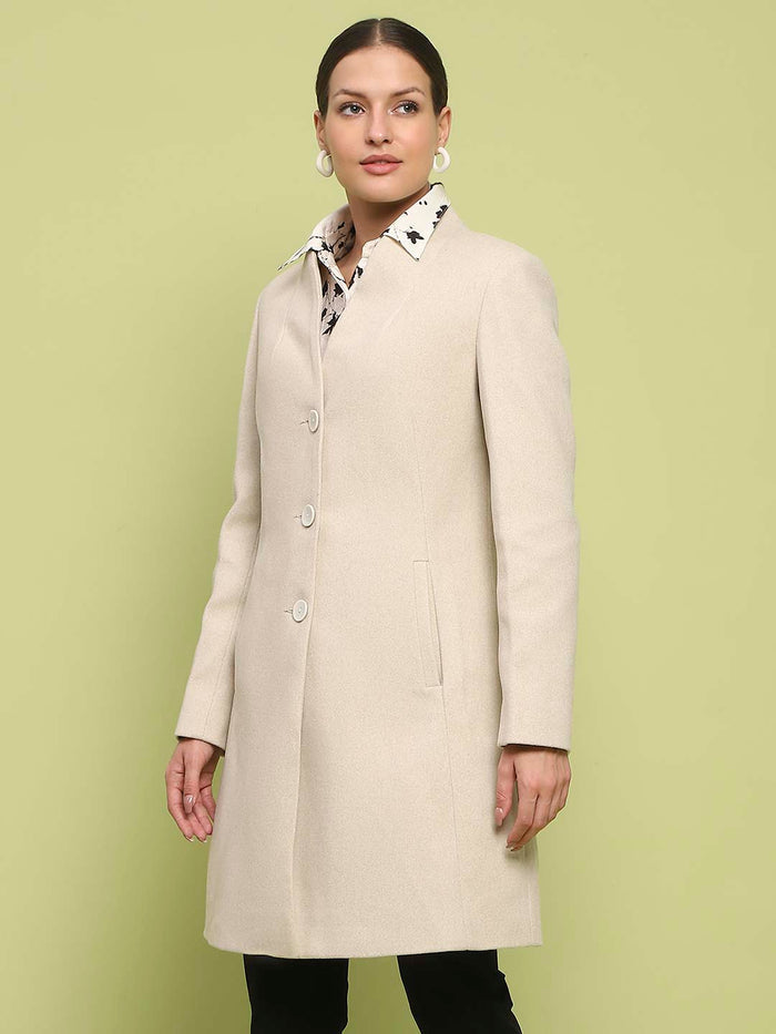 Madame Melange Side Inseam Pocketed Off White Long Coat