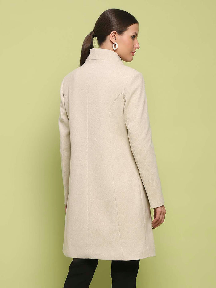 Madame Melange Side Inseam Pocketed Off White Long Coat