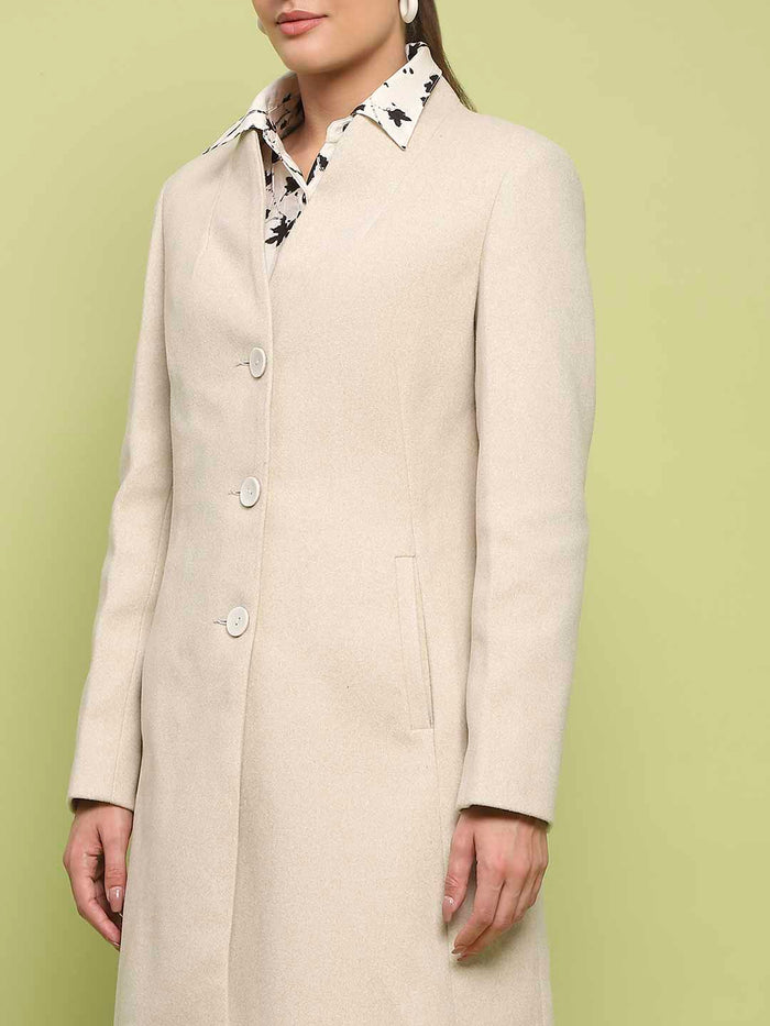 Madame Melange Side Inseam Pocketed Off White Long Coat