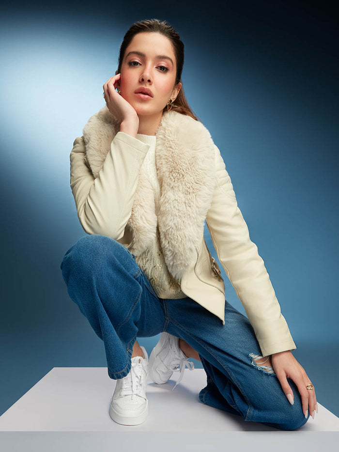 Madame Off White Faux Fur Trim Leather Jacket
