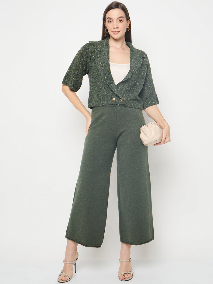 Madame Textured Coat with Solid Top and Bottoms Olive Green Co-ord Set