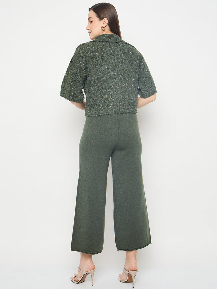 Madame Textured Coat with Solid Top and Bottoms Olive Green Co-ord Set