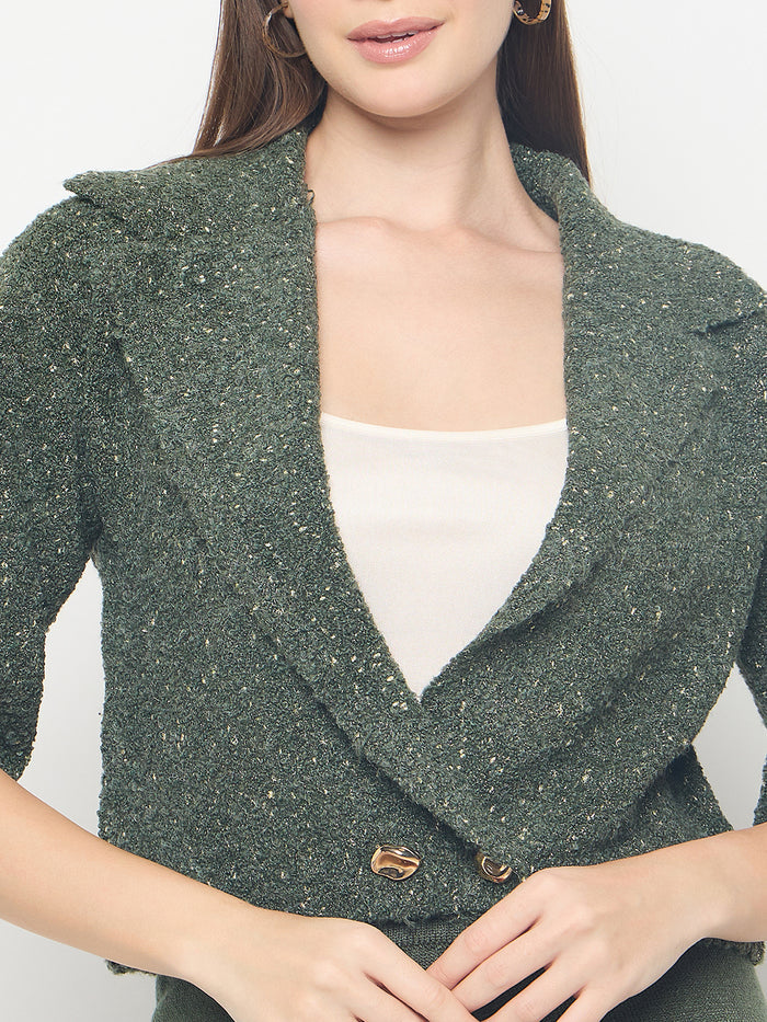 Madame Textured Coat with Solid Top and Bottoms Olive Green Co-ord Set