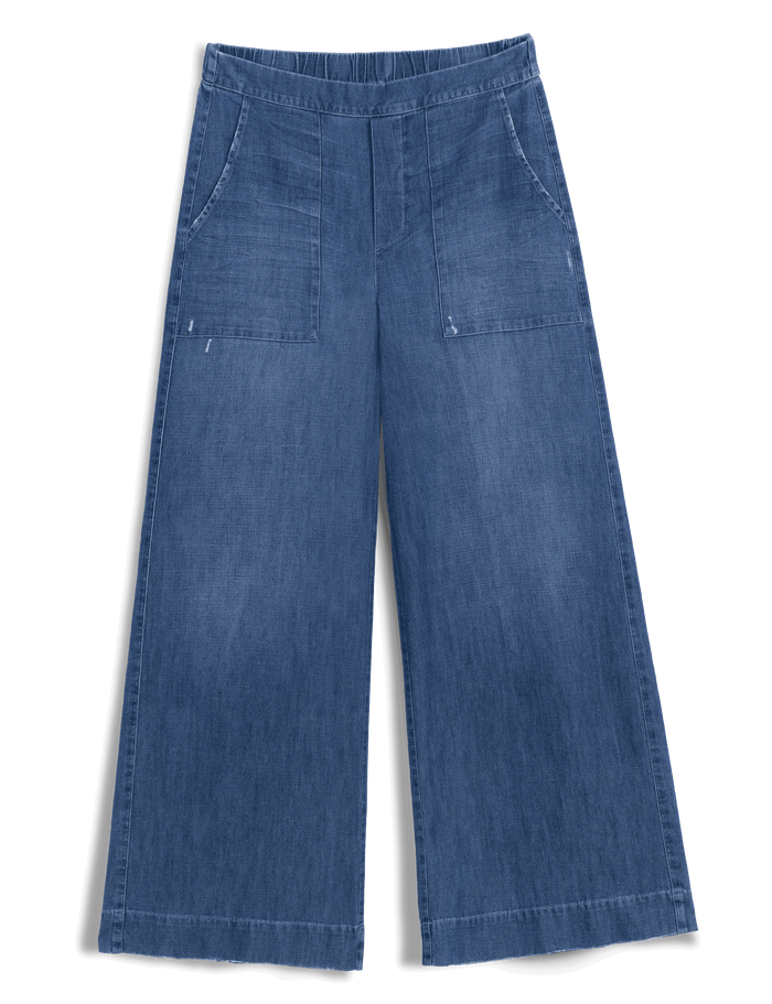 Blue denim wide-leg pants on a white background
