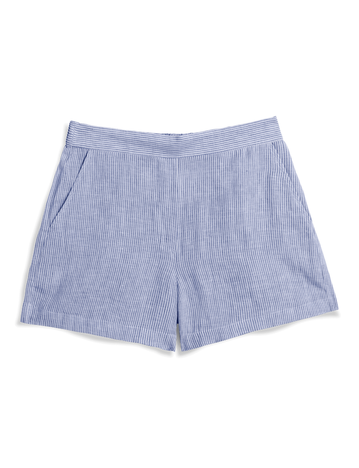 Blue and white striped shorts on a white background