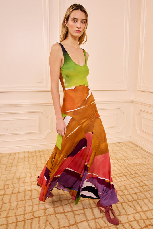 Multicolor Abstract-Print Crepe Jersey Maxi Dress - Front View On Model | Ulla Johnson