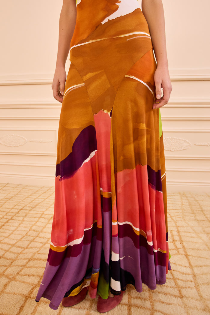 Flowing Abstract-Print Maxi Skirt Detail, Malie Jersey Dress - Gathered Panels | Ulla Johnson