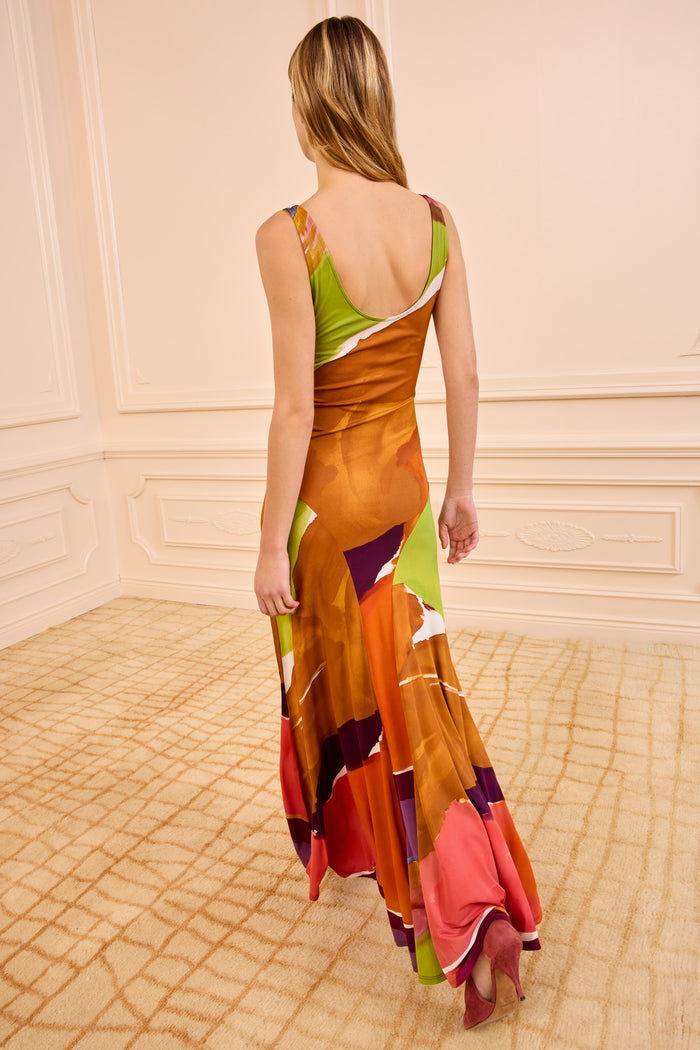 Abstract-Print Luxury Jersey Maxi Dress - Open Back View On Model | Ulla Johnson