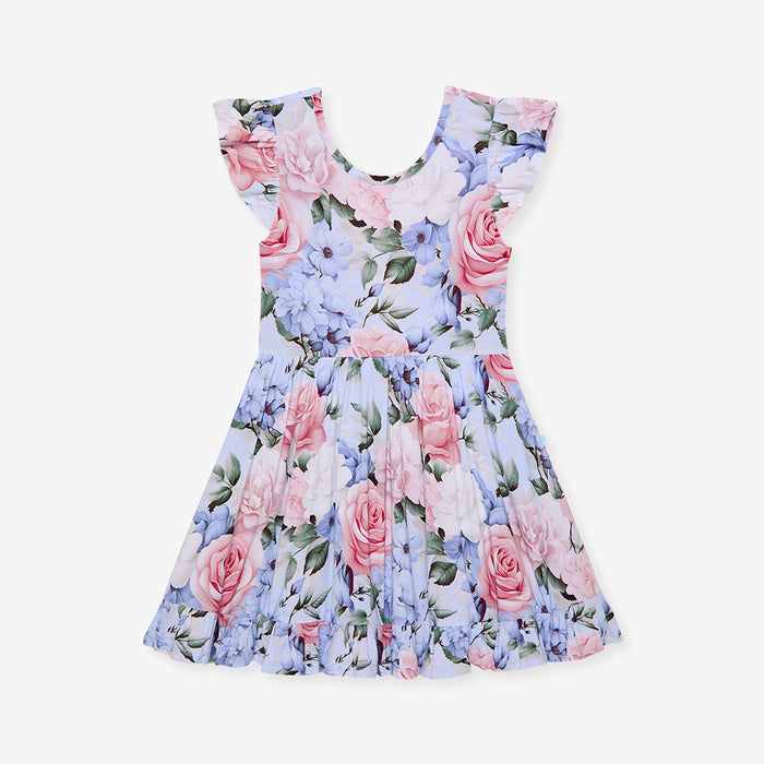 Floral dress with pink and blue flowers on a white background